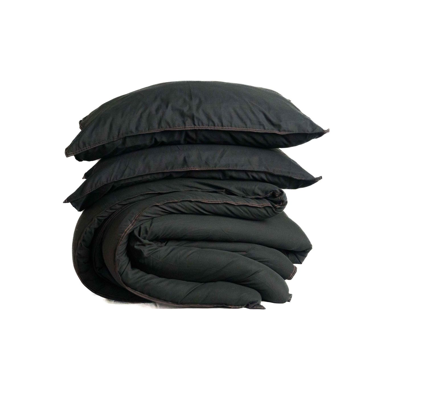 Black comforter set neatly stacked with two matching pillows on a white background.