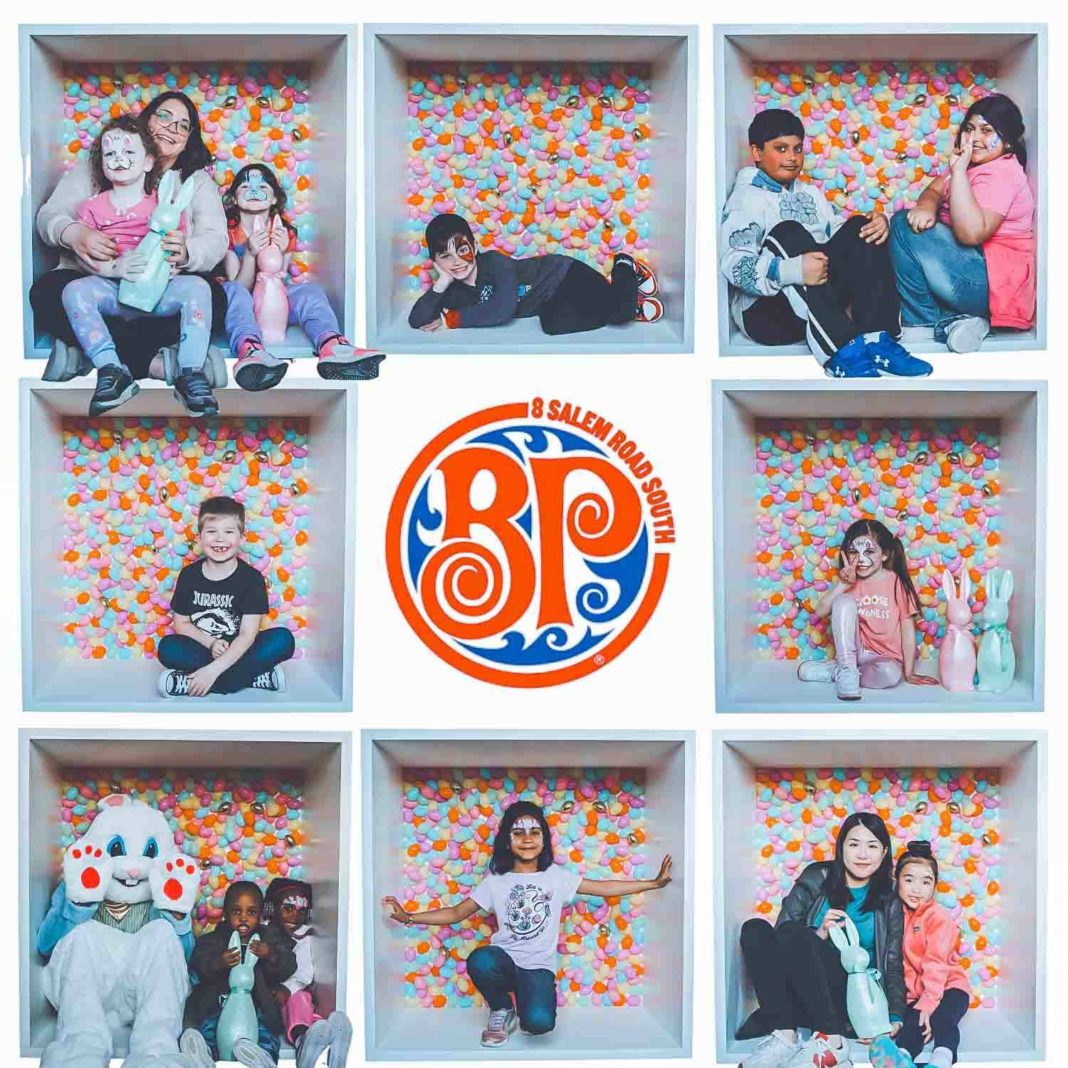 Photo booth grid layout showing multiple group poses with orange and blue branding elements.