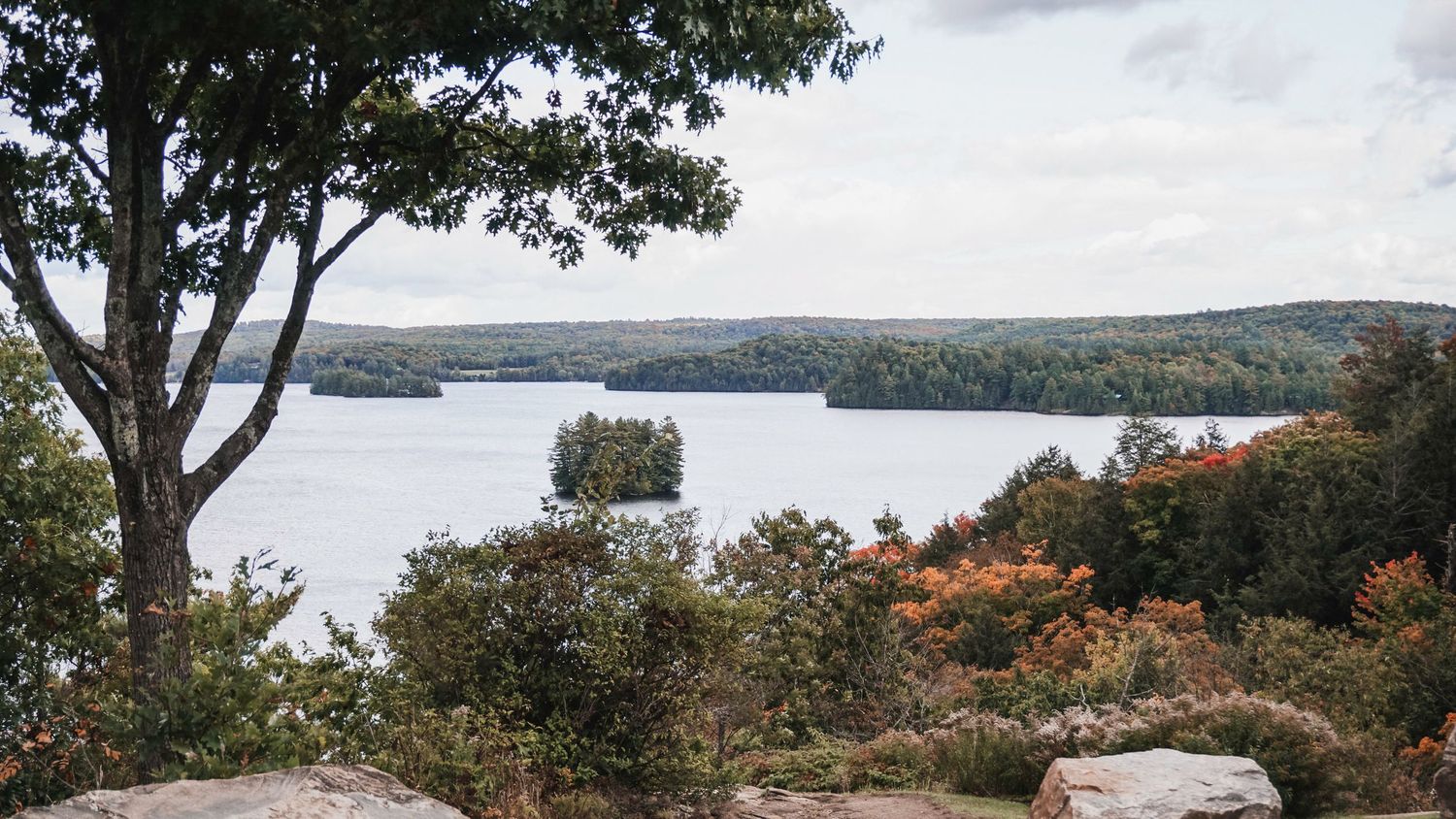 Scenic overlook from a hilltop showing a vast lake with tree-covered islands and autumn foliage.