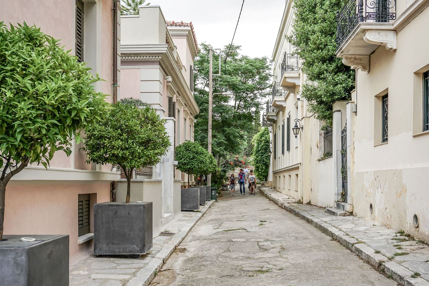 Narrow cobblestone street lined with traditional Mediterranean architecture and green trees.