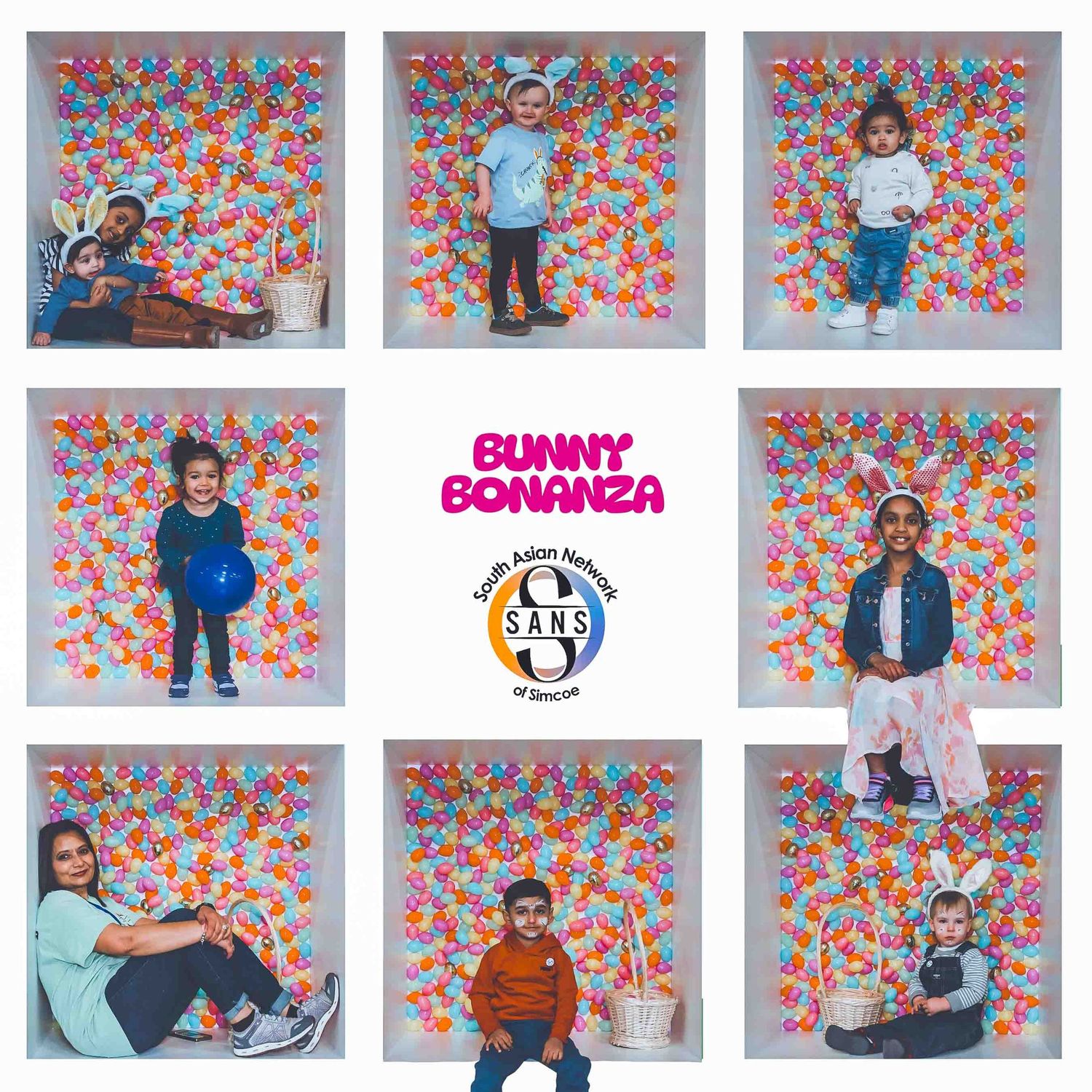 Portrait collection featuring casual poses against a pink and orange floral backdrop.