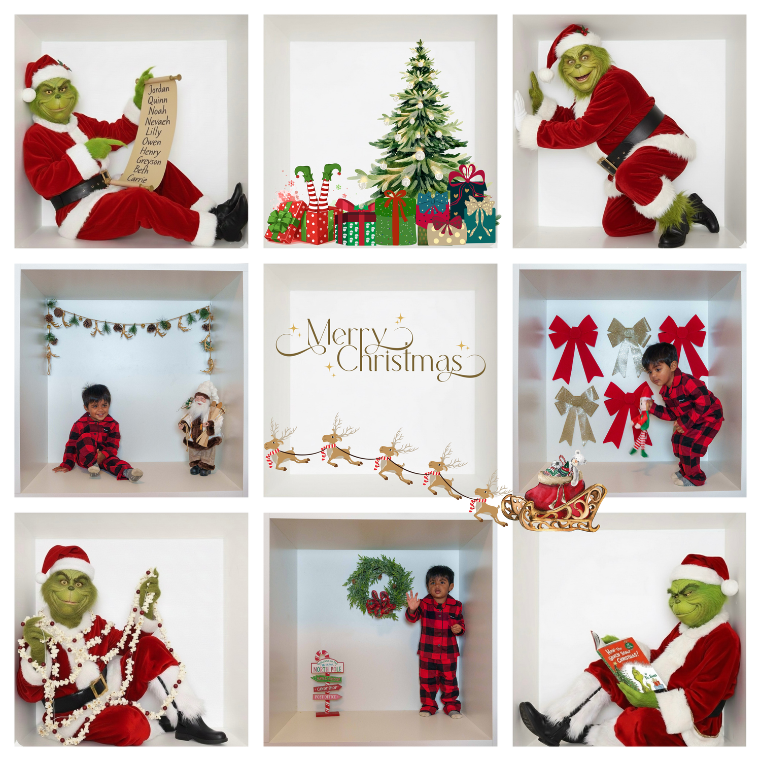 Holiday photo collection featuring Christmas decorations, buffalo plaid outfits and festive scenes.
