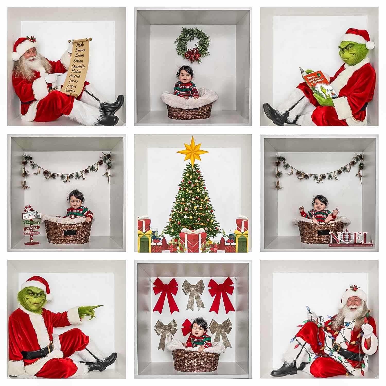 Christmas photo set featuring festive decorations, wreaths, and holiday scenes with traditional elements.