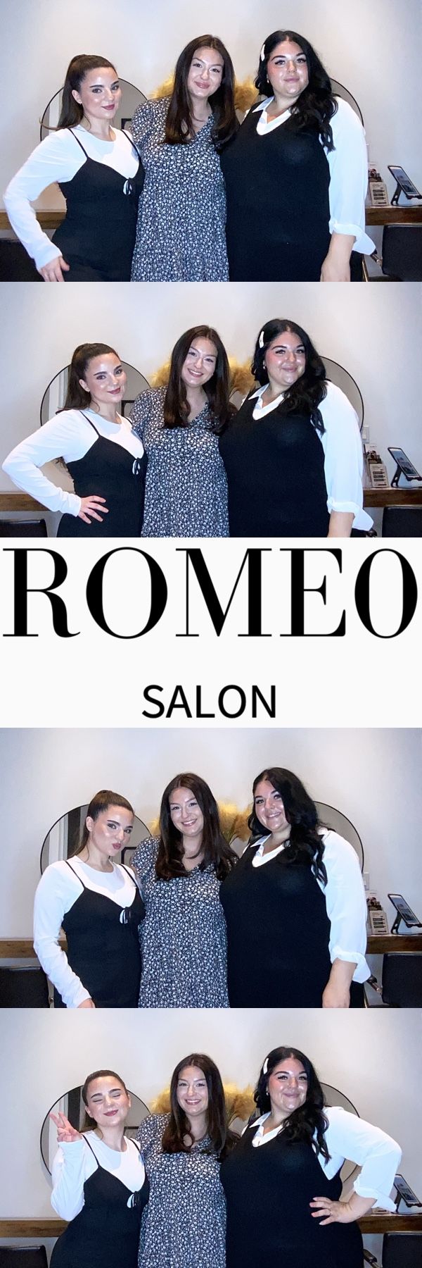 Three salon professionals pose in stylish black and white outfits.