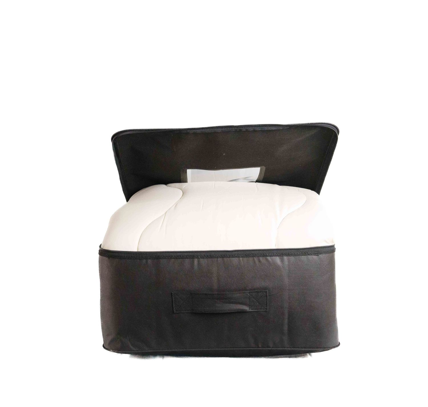 Black fabric storage box with open lid revealing a white folded comforter or blanket inside, featuring a side handle.