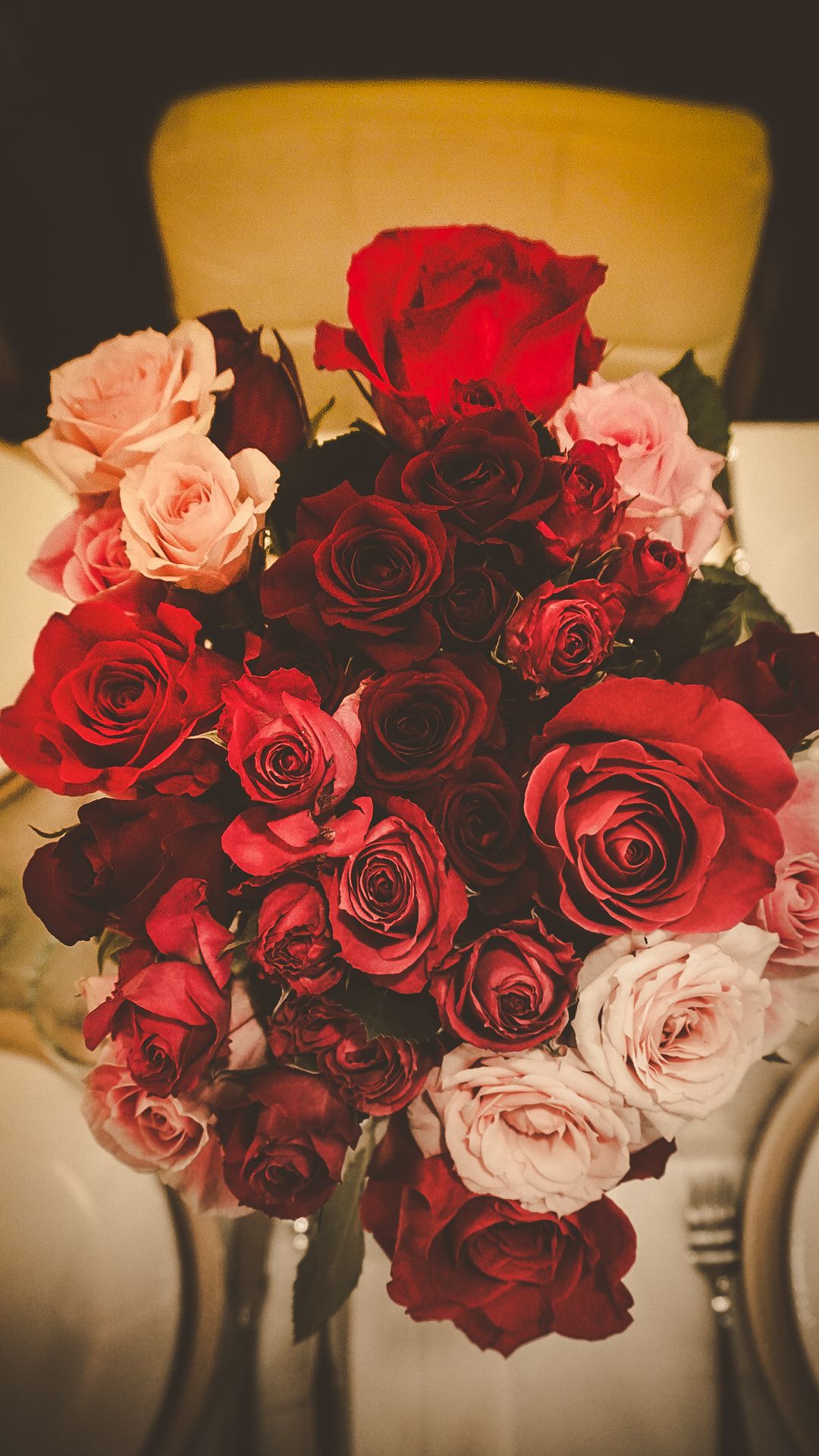 Beautiful bouquet of red and pink roses arranged with deep burgundy blooms against a warm golden background.