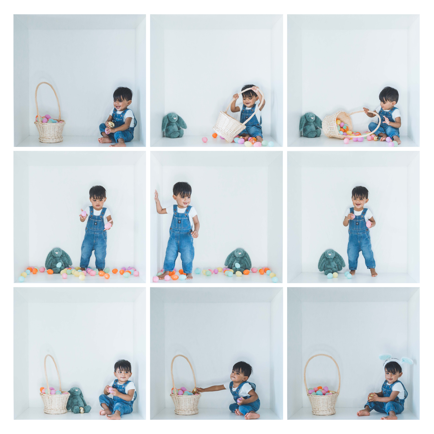 Nine-panel sequence showing Easter egg hunt activities with a basket in a minimalist white setting.