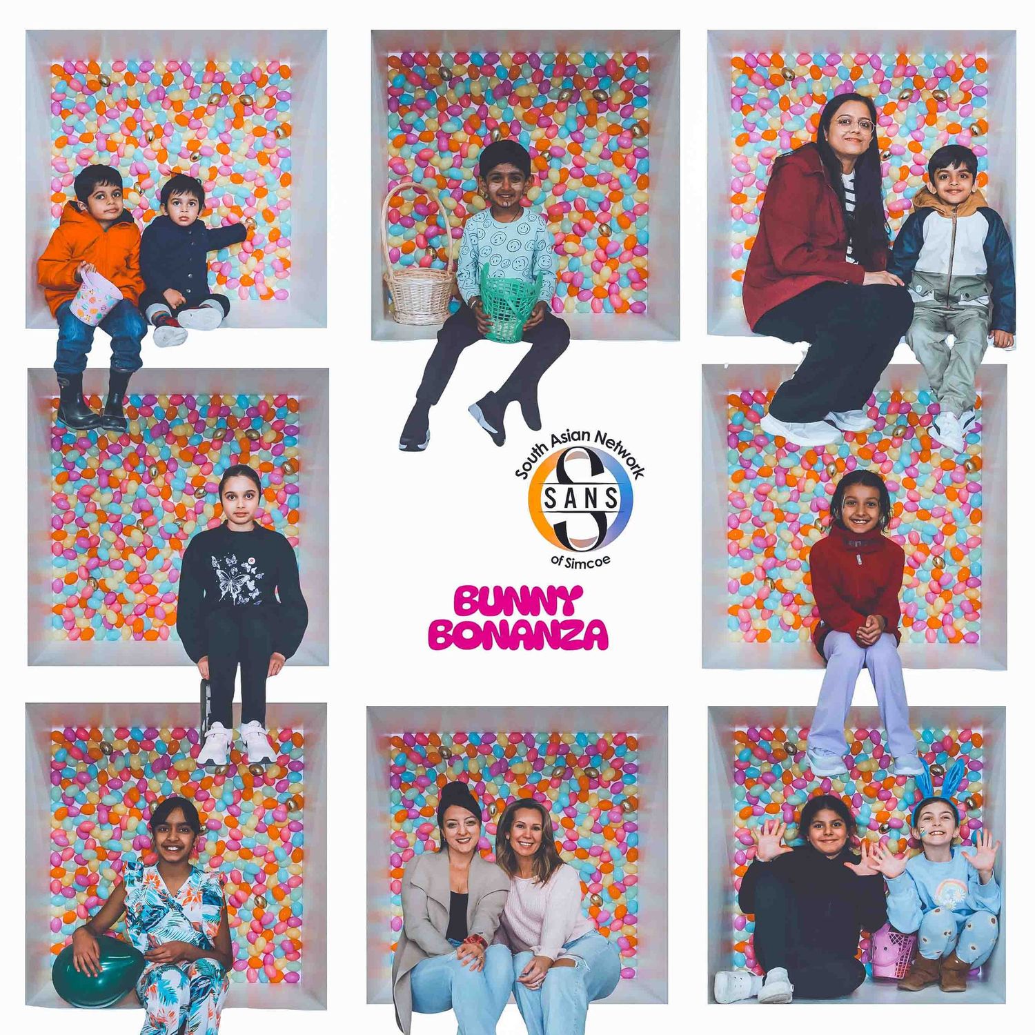 Photo booth collage with colorful floral backdrop and multiple group poses.