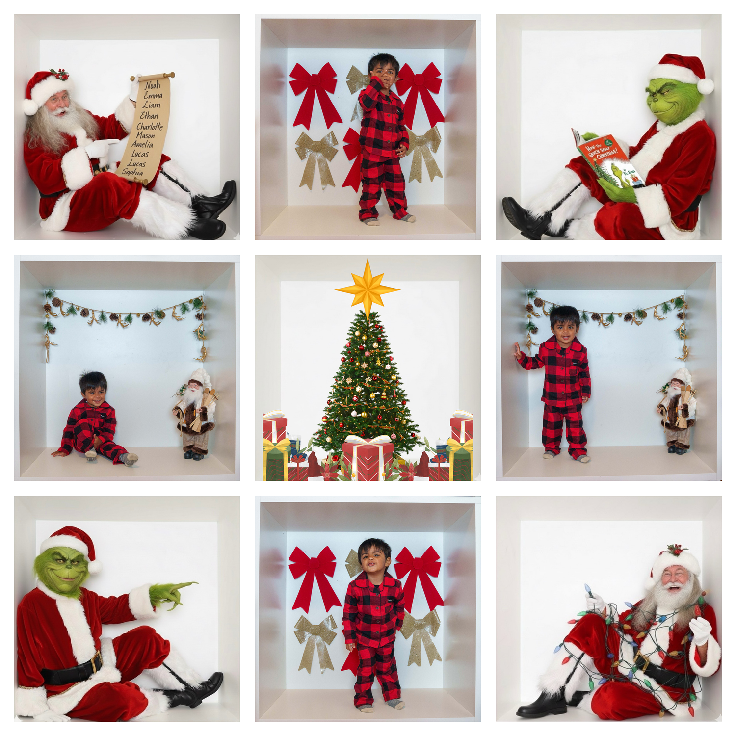 Holiday photo set with Christmas characters and decorations in red and white theme.