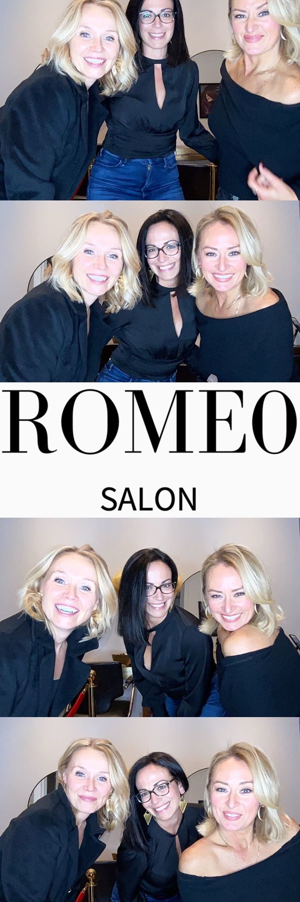 Three salon professionals pose together in black outfits at Romeo Salon.