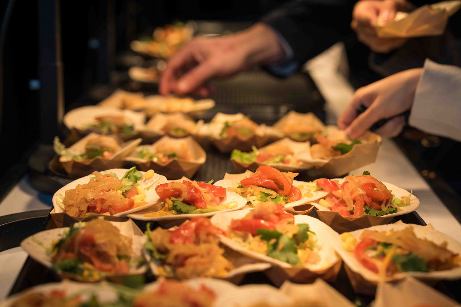 Array of gourmet appetizers arranged on serving platters at catered event.