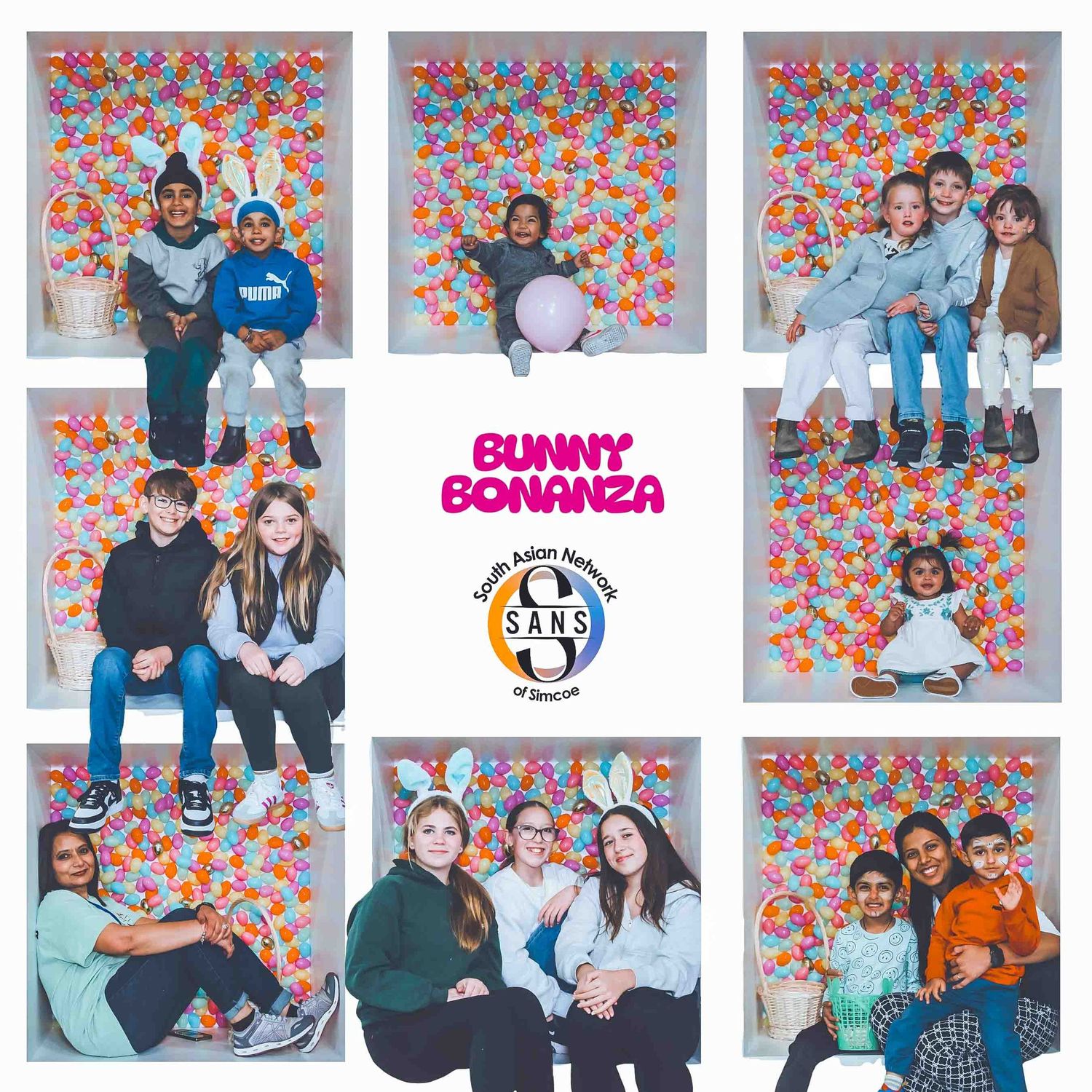 Photo gallery wall showing multiple family portraits with a bright floral pattern background.