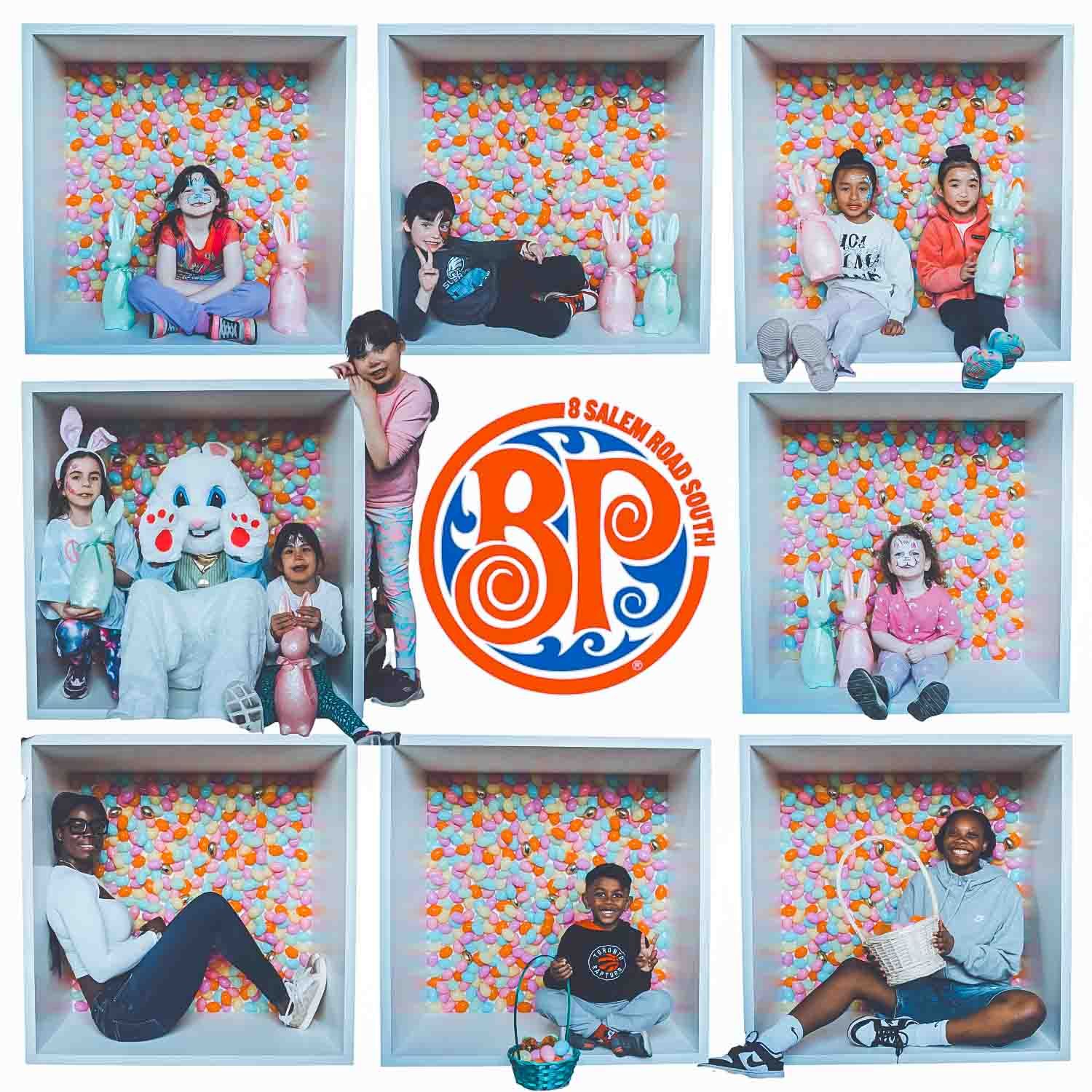 Photo booth collection with orange circular logo and floral pattern backdrop.