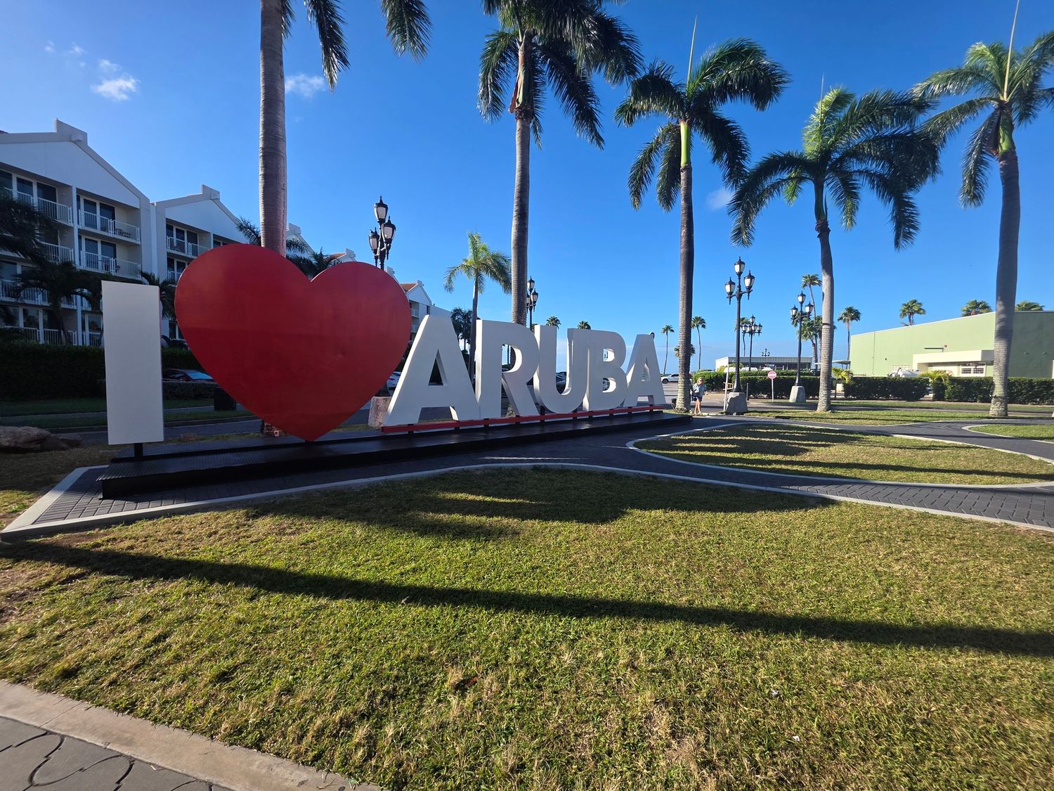 Scenic landscape photo in  Aruba featuring scuplture, palm trees, and natural light