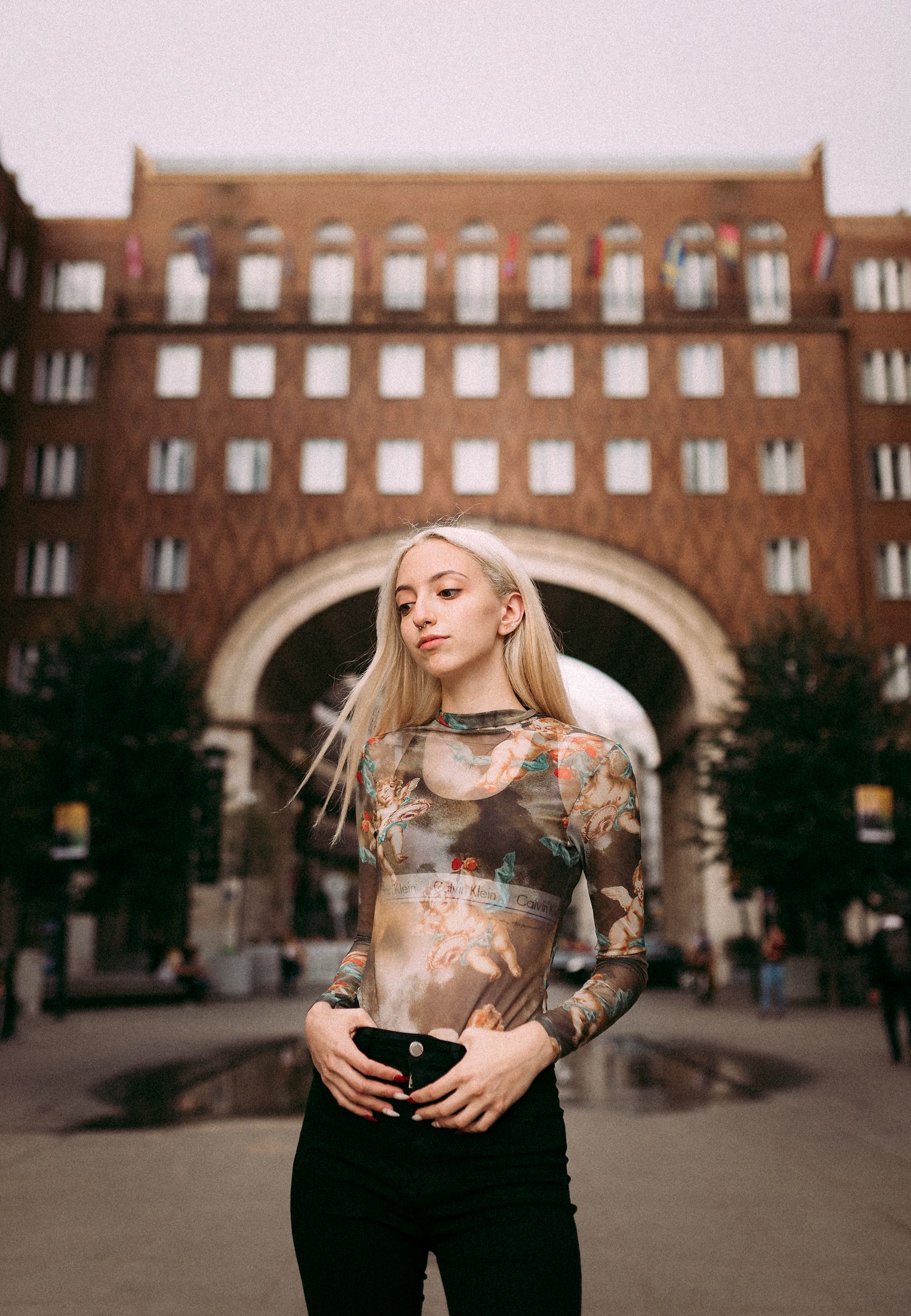 Young woman's portrait at Madách square in Budapest