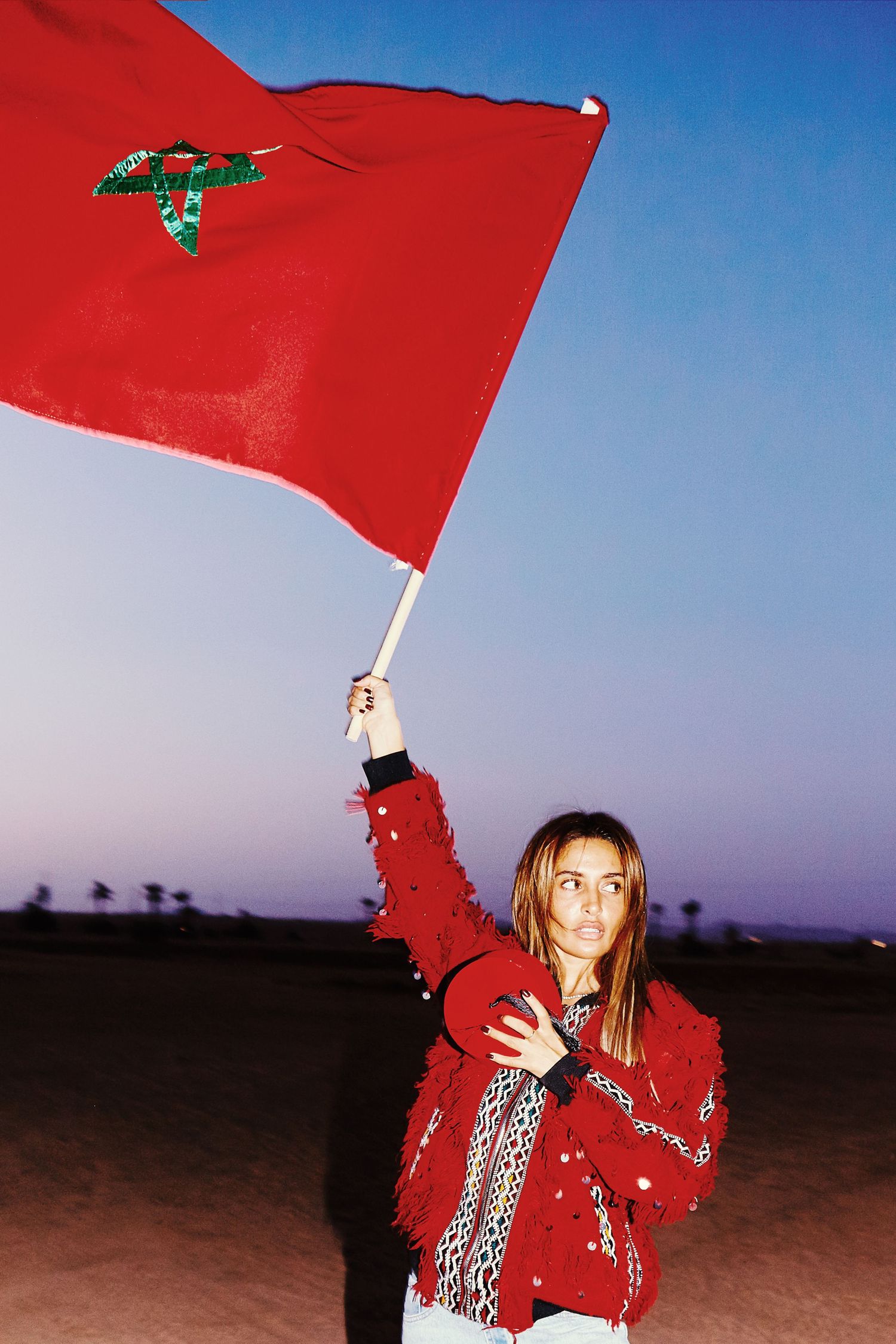 Fashion editorial portrait with bold styling Marrakech.  Moroccan fashion by Ahmed Bahhodh