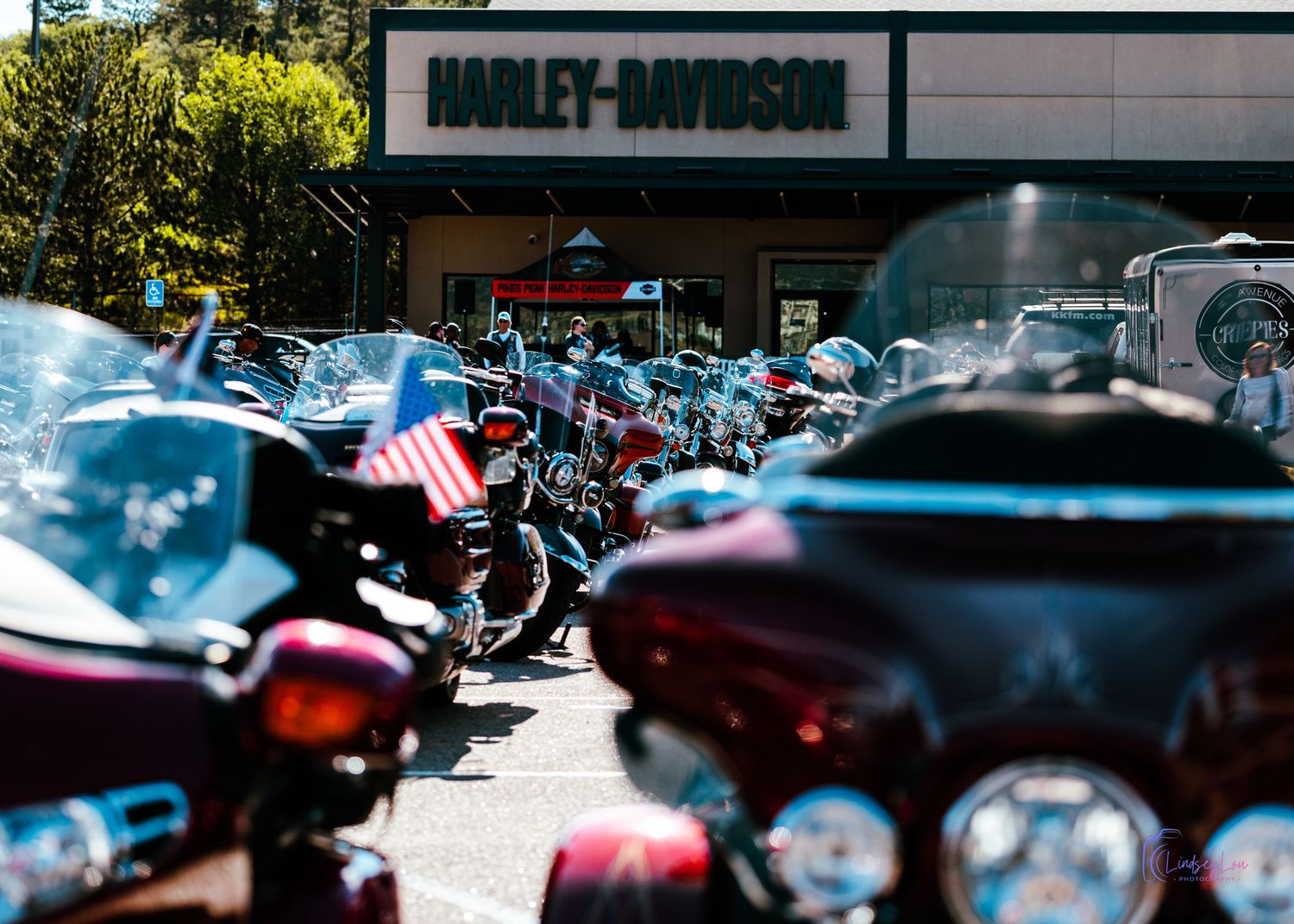 Motorcycles lined up in street with Harley Davidson shot in the background