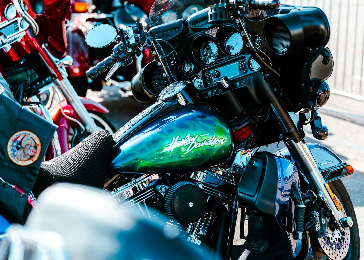 Center of a green and purple Harley Davidson bike