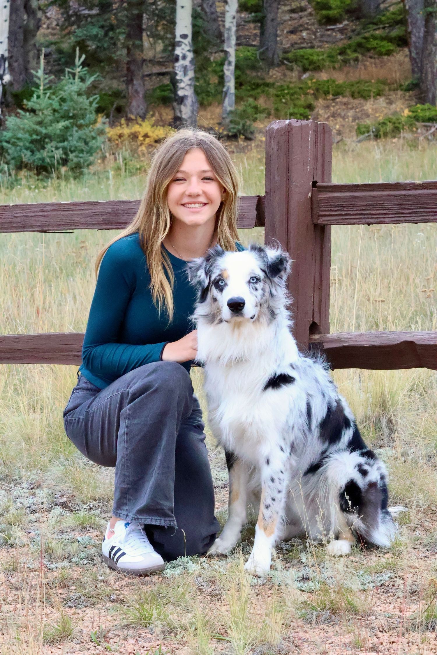 Young girl and her Australian shepherd posing in a field together
