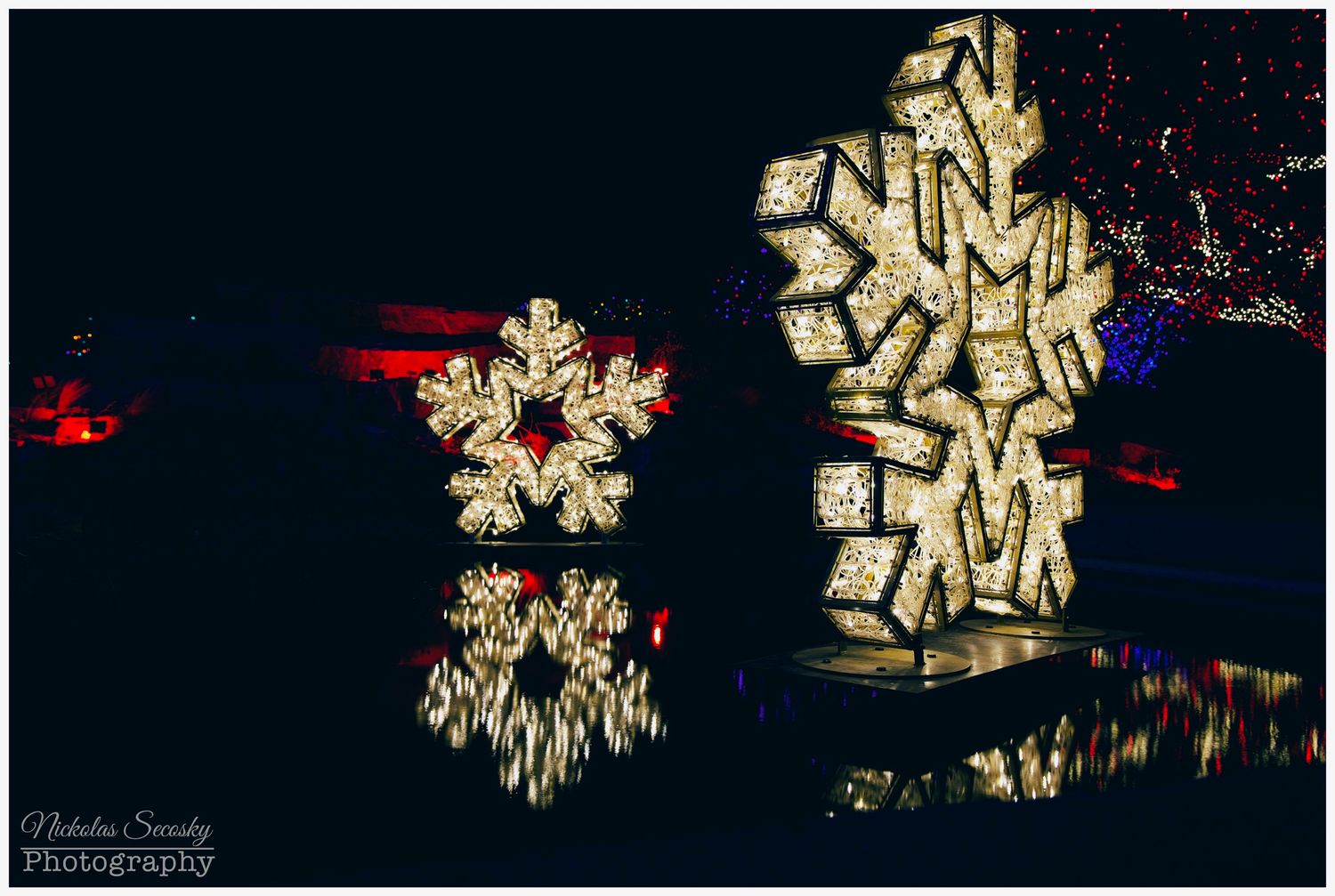 Christmas light snowflakes on water