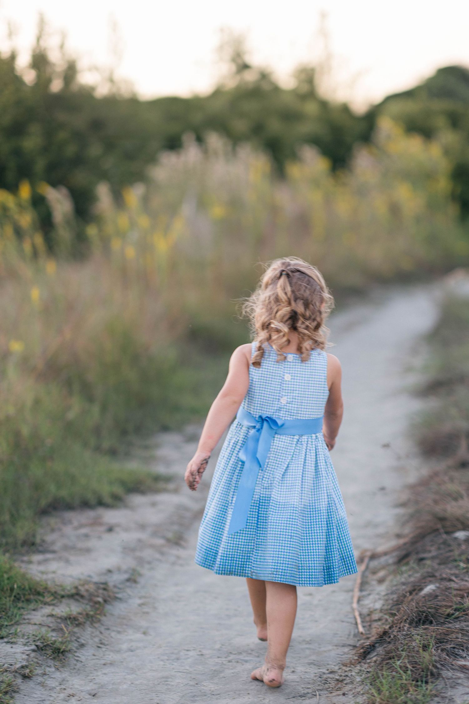 A young girl in a blue gingham dress with bow walks barefoot down a rural path surrounded by wildflowers.