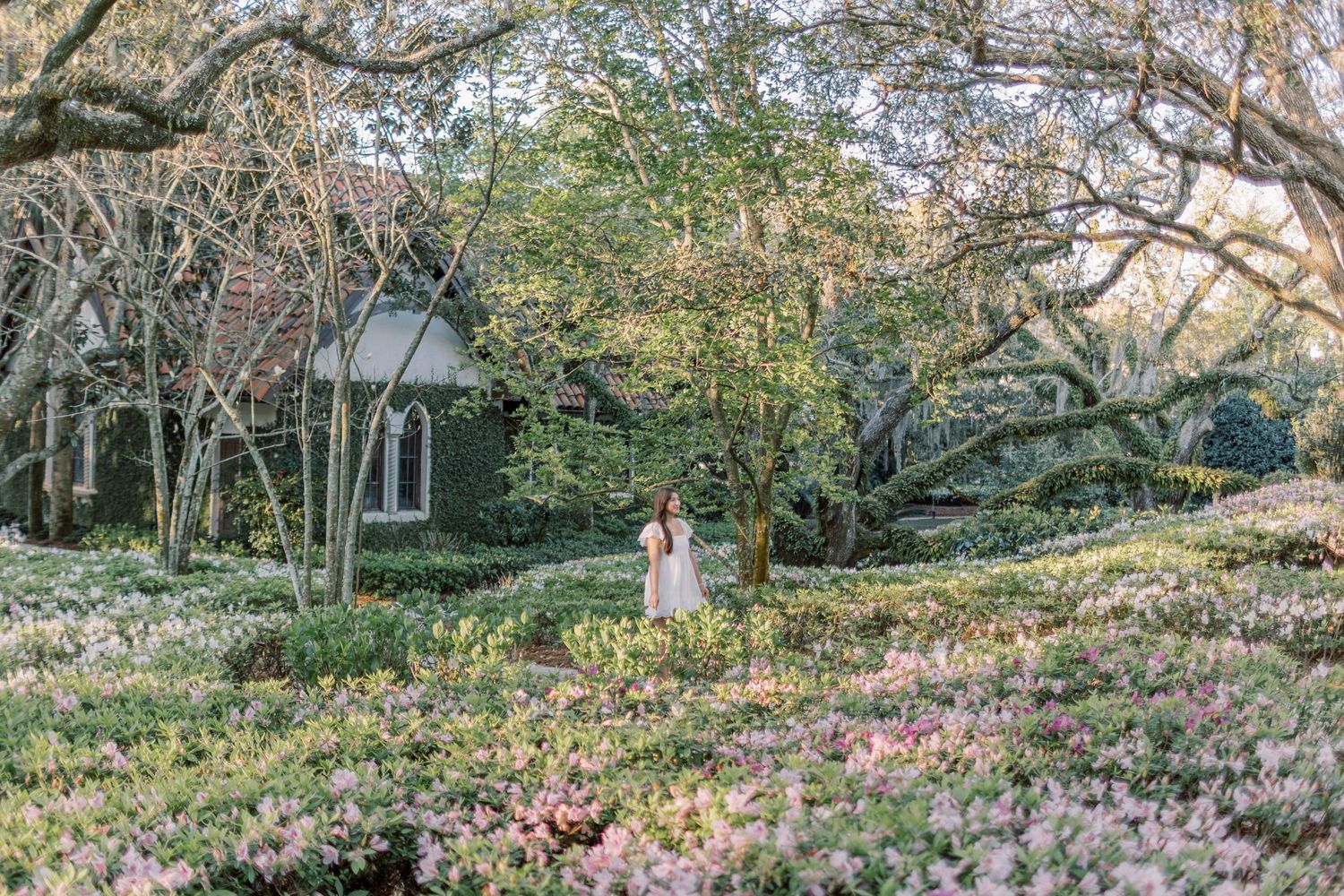 Couple standing among blooming pink azaleas in a romantic garden with ivy-covered chapel backdrop.
