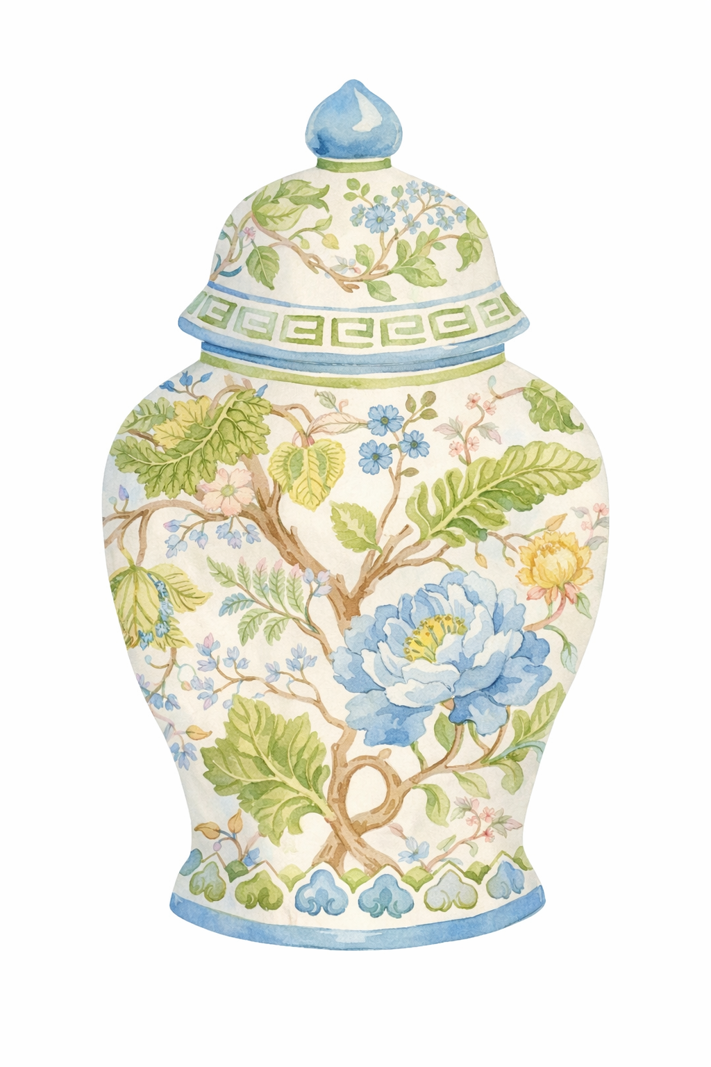 Watercolor illustration of decorative ginger jars with blue and green floral patterns.
