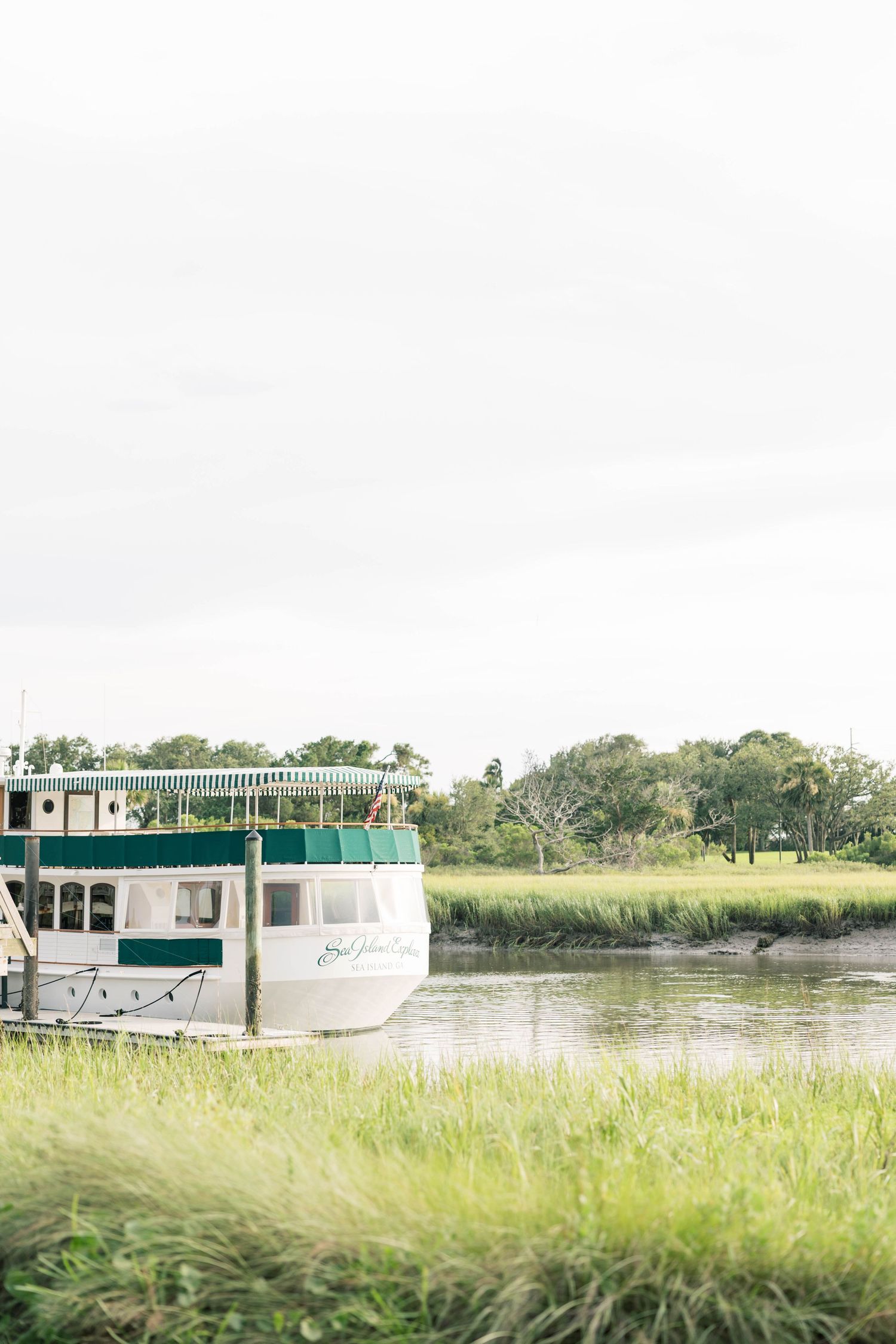 A vintage green and white riverboat docked along a lush marsh waterway surrounded by tall grass and trees.