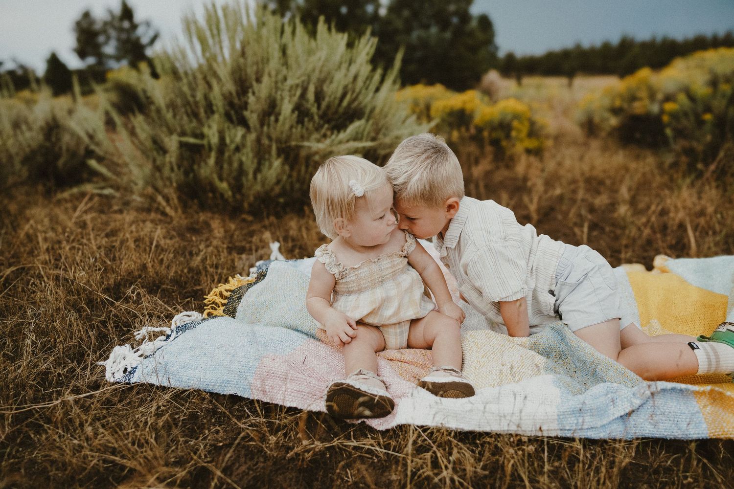 Older brother gently kisses baby sister while sitting on blanket in a natural meadow setting.