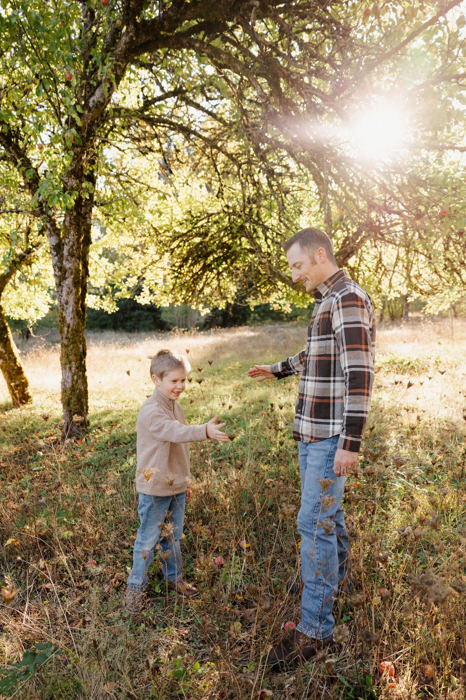 A father and young child playfully toss leaves together under sunlit trees in a golden meadow.
