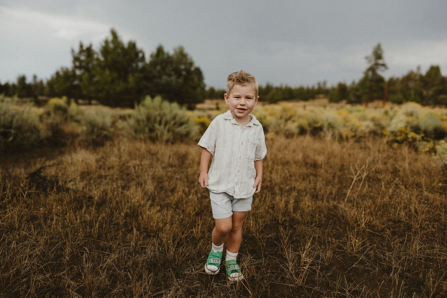 Young boy in white shirt and shorts stands smiling in golden meadow with evergreen trees behind him.