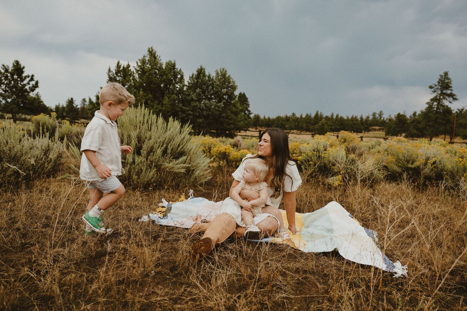 Mother sitting in golden field with two young children on overcast day.