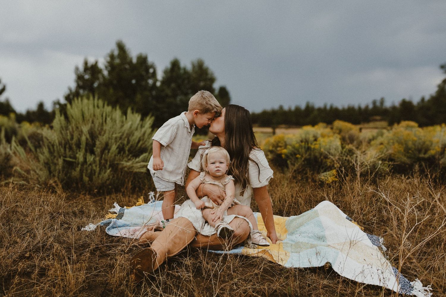 Mother sits on blanket in field kissing toddler son while holding baby girl on cloudy day.