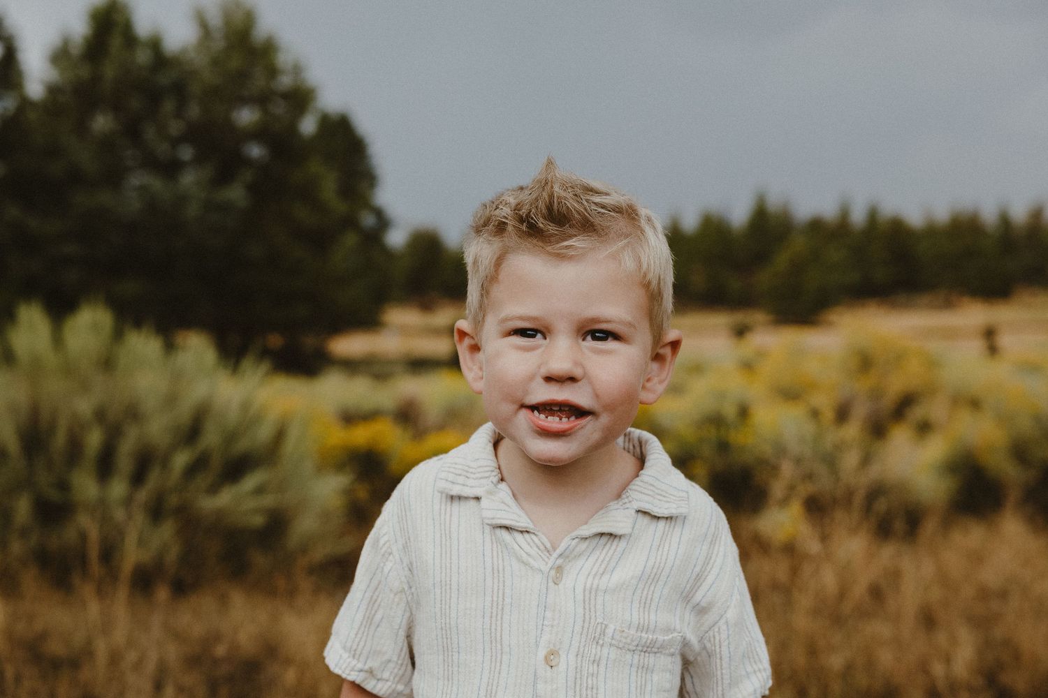 Cute blonde toddler boy in white striped shirt laughing outdoors in a natural meadow setting.