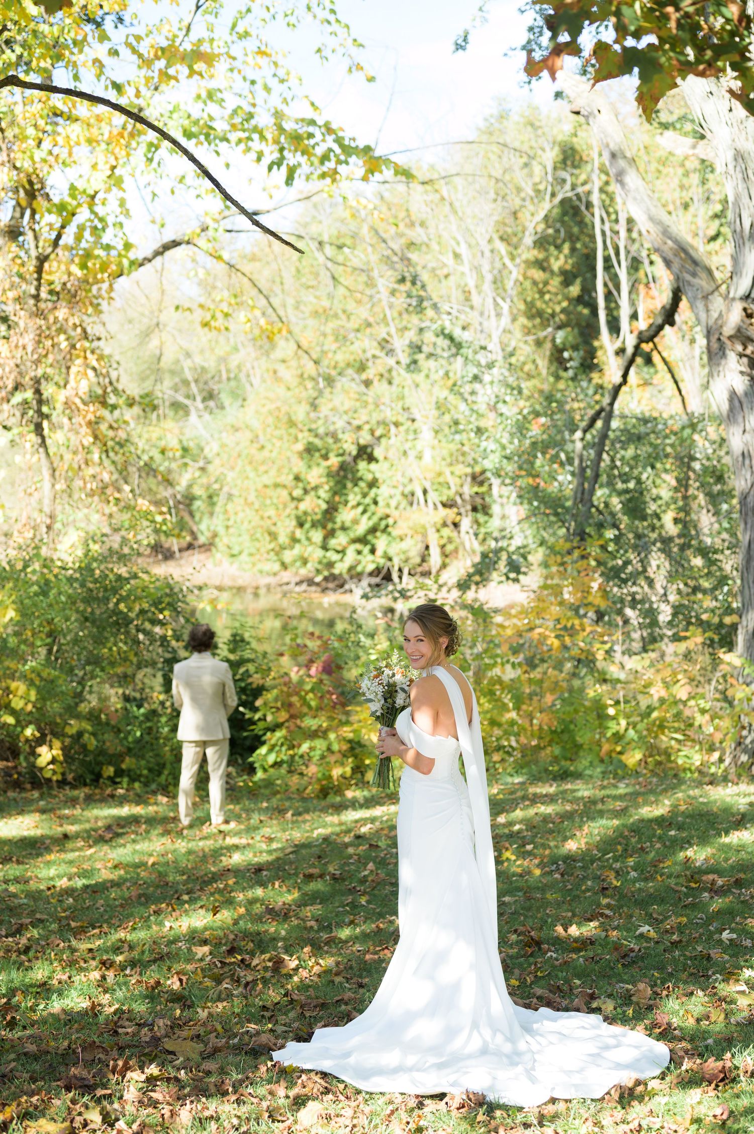 A series of artistic wedding photos showing a bride in a white gown walking through an autumn garden setting.