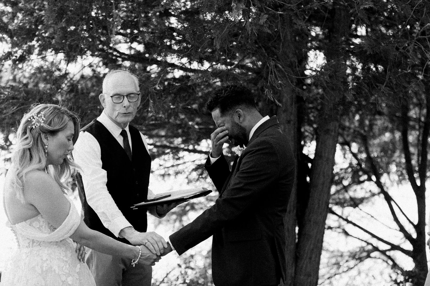 Black and white wedding photo collage showing romantic moments between couples in outdoor garden settings.