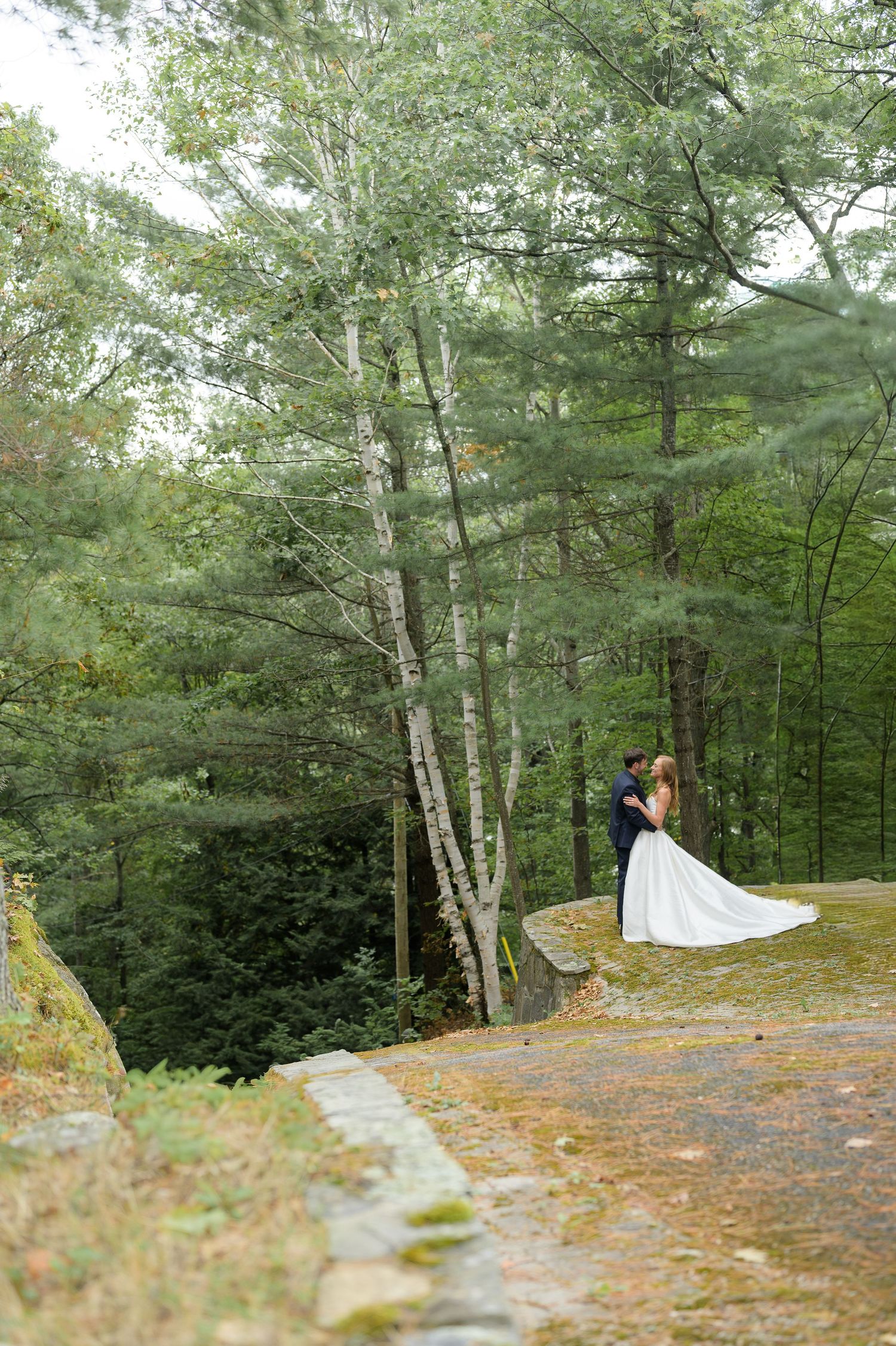 A couple stands on a rocky outcrop surrounded by tall birch and pine trees in a serene forest setting.