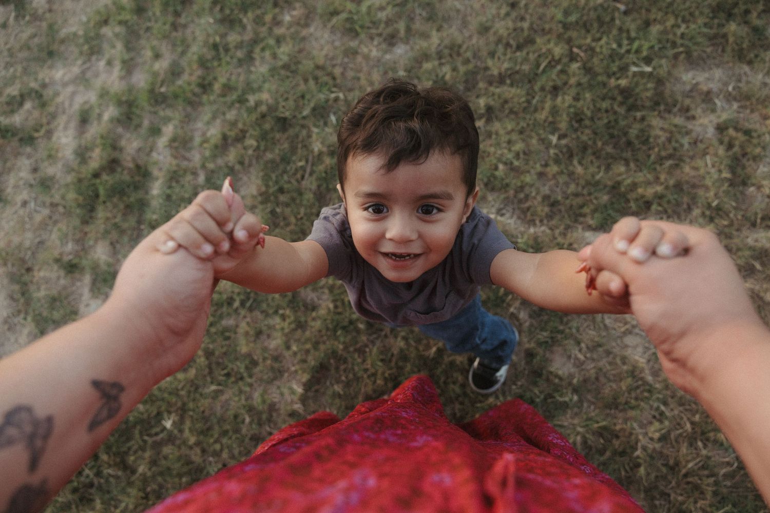 Adult hands holding a smiling toddler boy upright outdoors on green grass, aerial perspective photo.