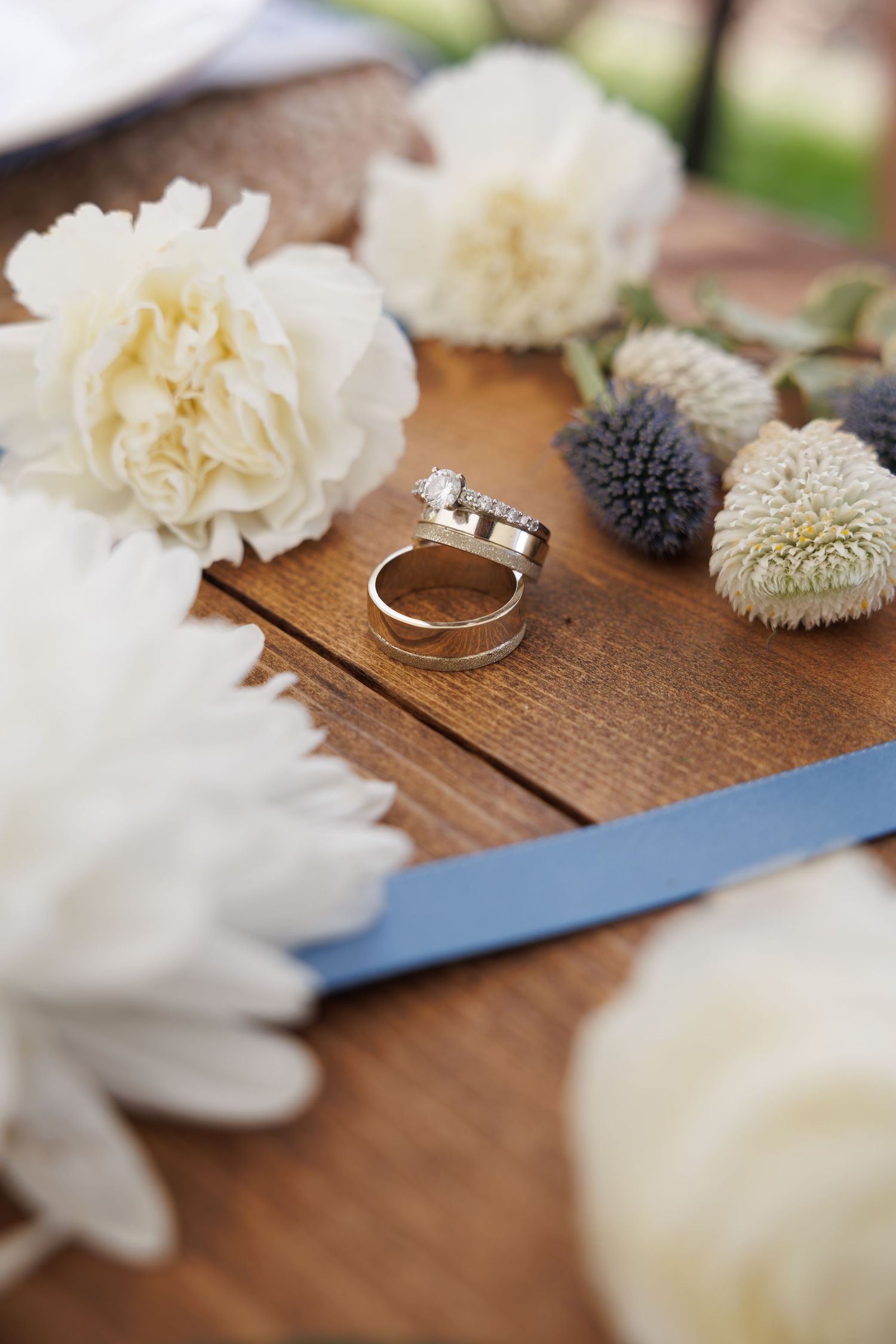 Two gold wedding bands with a diamond engagement ring rest on a wooden table among white blooms, thistles and a blue ribbon.