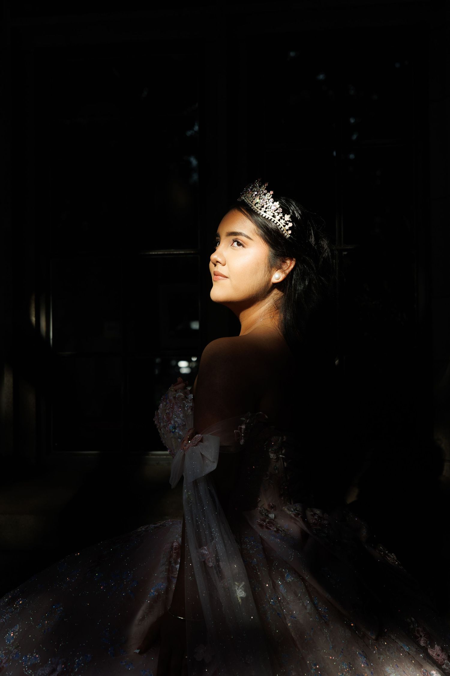 Young woman in a dark tulle gown and crystal tiara poses elegantly in dramatic chiaroscuro lighting.