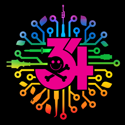 Colorful DEF CON 34 hacker conference logo with circuit board design on black.