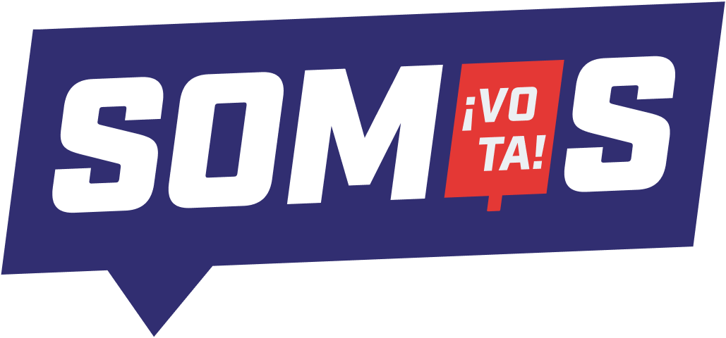 Somos Vota logo featuring bold white text on a dark blue speech bubble background with a red voting box icon.