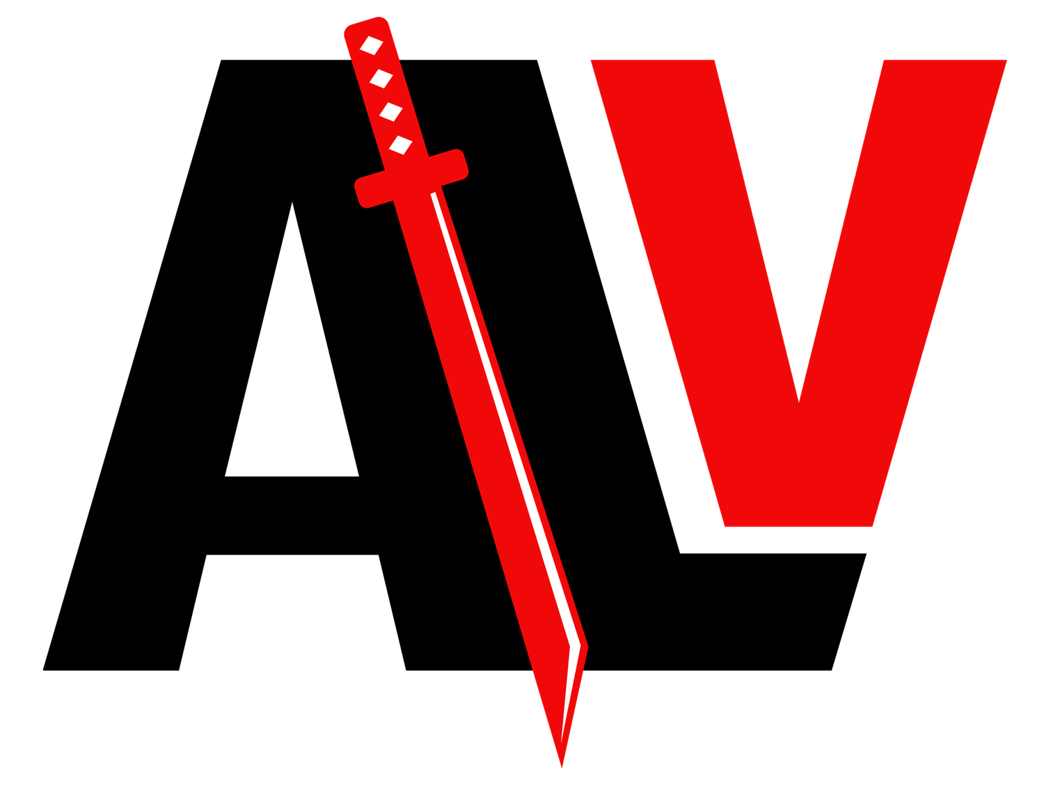 Bold AV logo with red sword graphic on black and white letters.