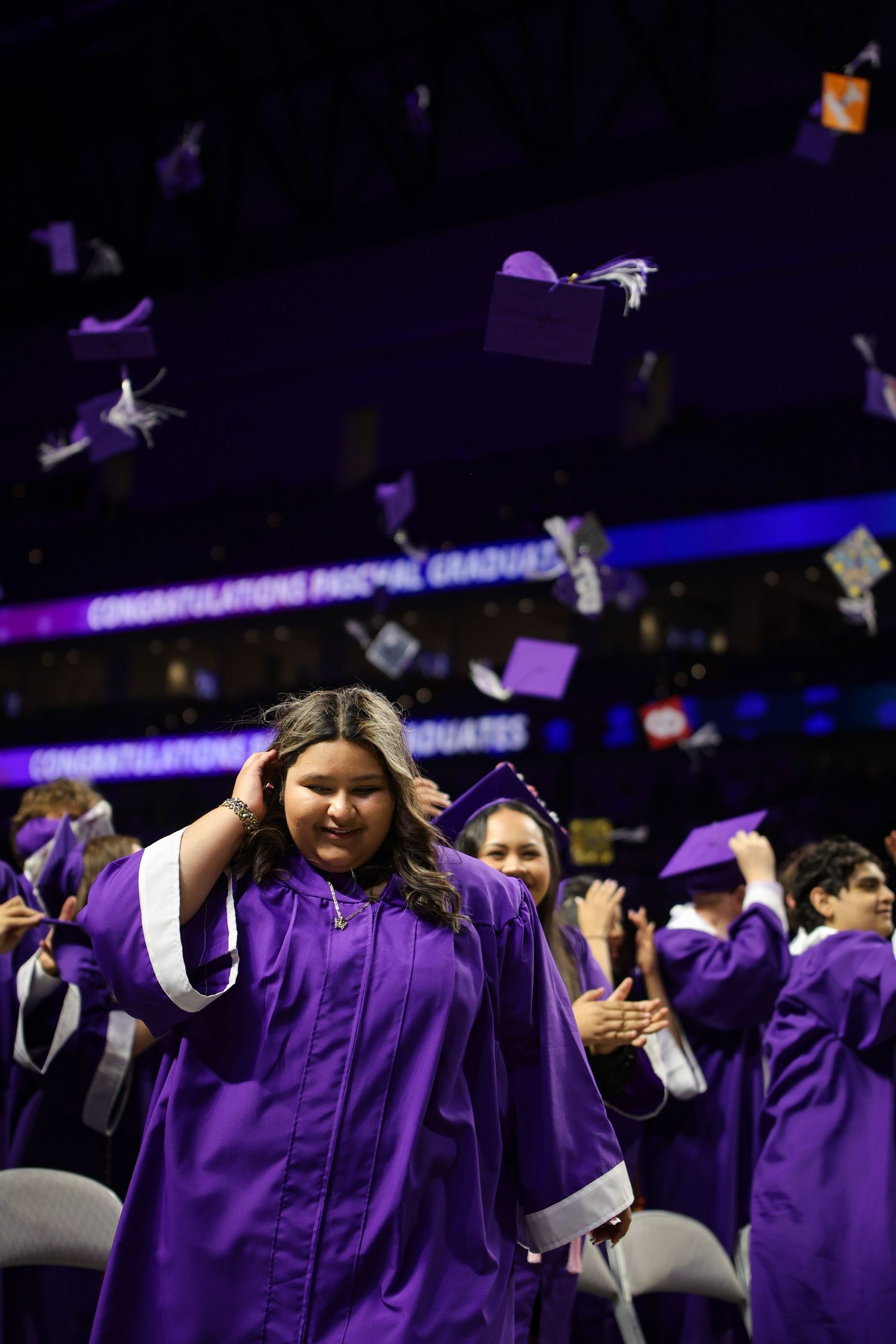 R.L. Paschal High School student shows his excitement after graduating as a part of the Class of 2026 in Dickies Arena in Fort Worth, Texas.