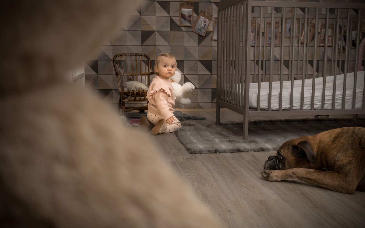 Cute baby girl in pink outfit crawling near a wooden crib with a sleeping dog in a nursery room.