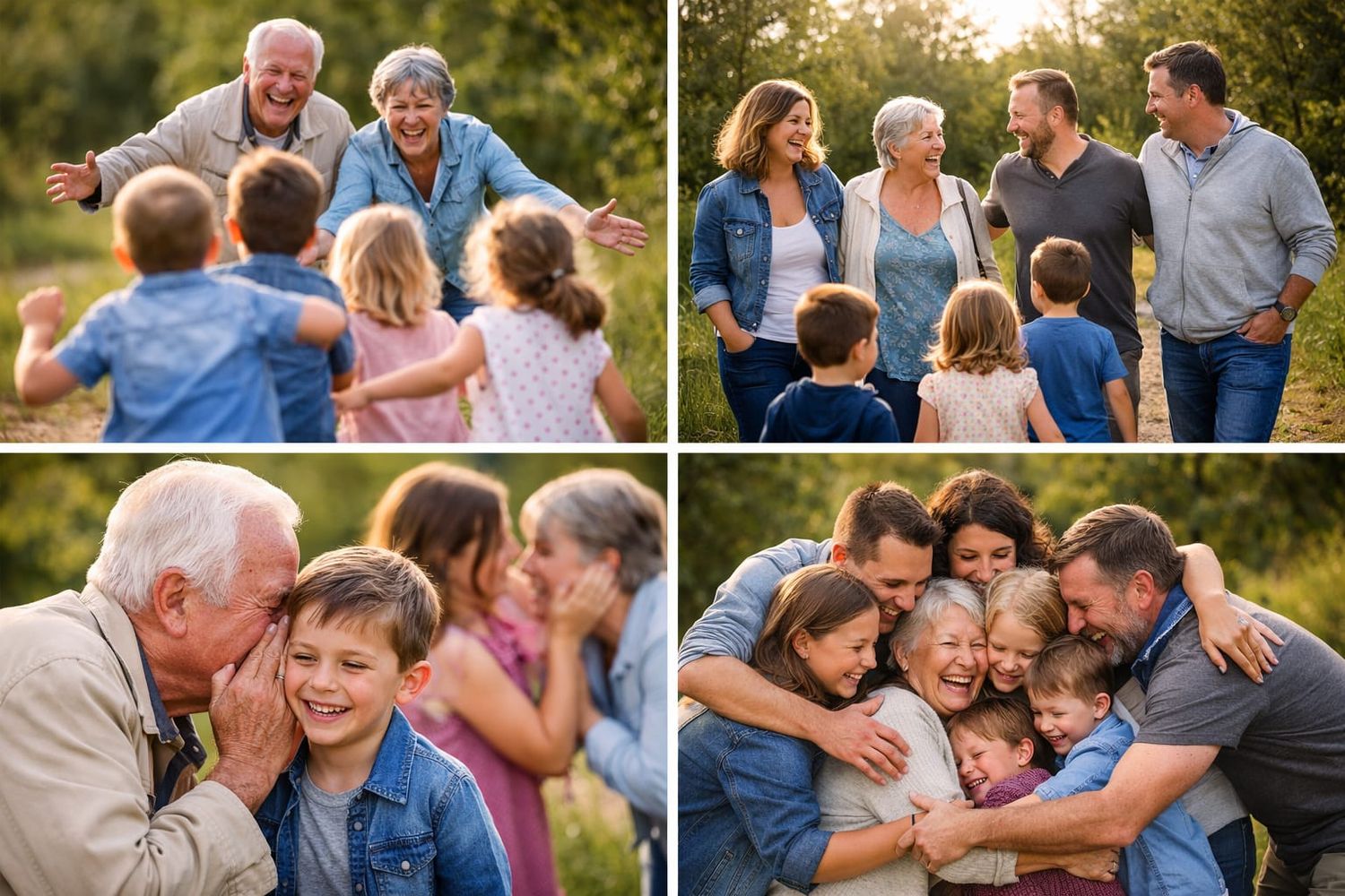 Multi-generation family enjoying quality time together outdoors during a golden sunset photo session.