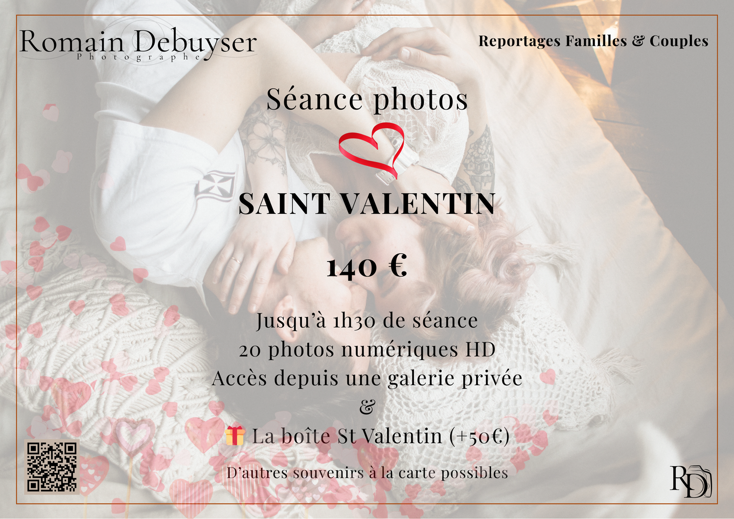 A Valentine's Day photography session promotional flyer with red hearts and pricing details in French.