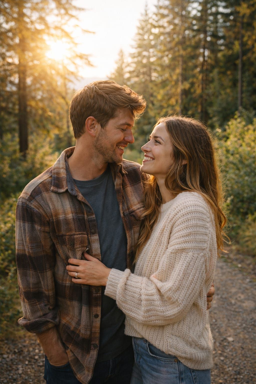A couple shares romantic moments in a forest setting during golden hour while wearing cozy fall sweaters.