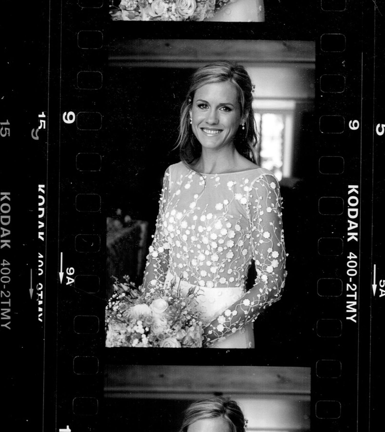 Black and white film strip showing floral lace details in wedding photography.
