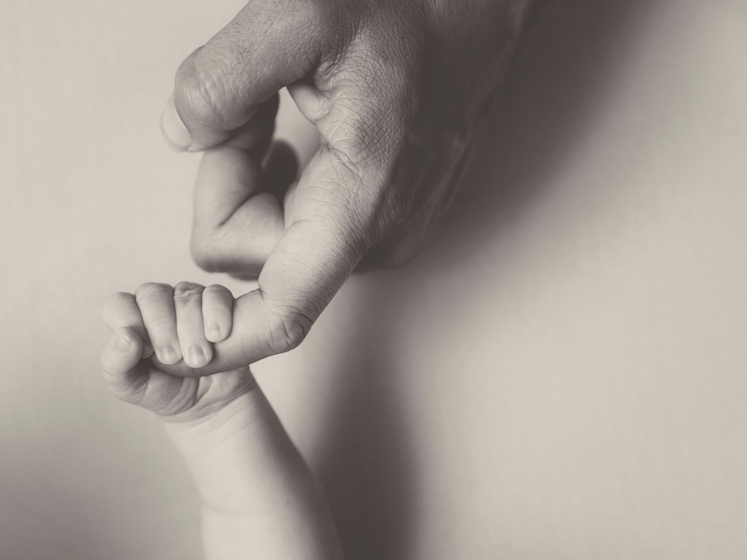Primer plano en blanco y negro de una mano de un bebé sujetando el dedo de su papá, simbolizando el vínculo familiar.